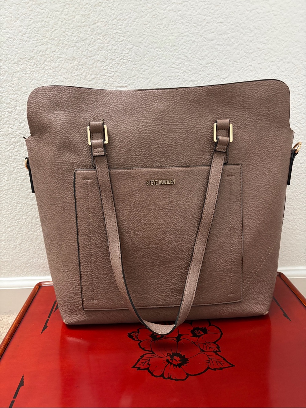 Steve Madden Mauve-Taupe Pebbled Leather Tote with Front Pocket